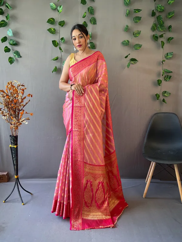 Light_Pink_Pure_Organza_Weaved_Leheriya_Saree_With_Blouse_Piece_Attached